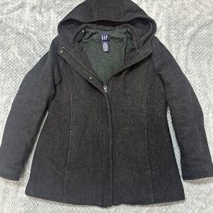 GAP‎ Wool Coat Women's Medium Quilted Lining Hooded Full Zip Jacket